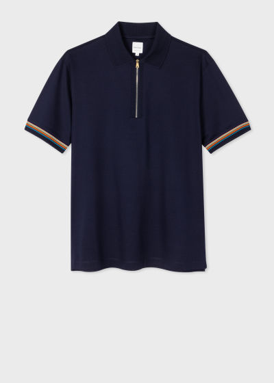 폴스미스 Paulsmith Navy Cotton Signature Stripe Trim Zip Polo Shirt