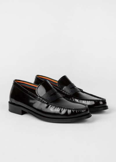 Angled view - Men's Black High-Shine Leather 'Cassini' Loafers Paul Smith