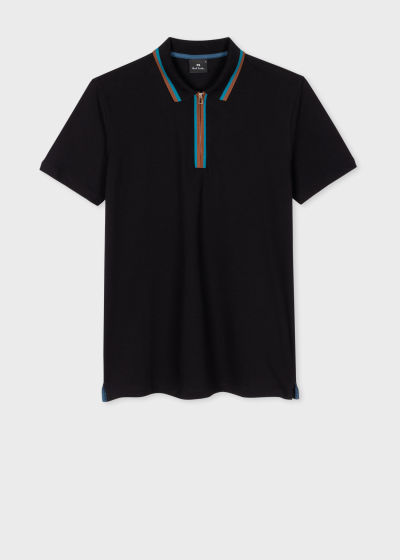 폴스미스 Paulsmith Black Zip Neck Stretch-Cotton Polo Shirt