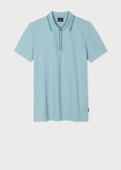 폴스미스 Paulsmith Light Blue Zip Neck Stretch-Cotton Polo Shirt