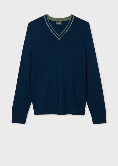 폴스미스 Paulsmith Navy Merino Wool-Blend Contrast V-Neck Sweater