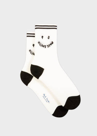 Pair view - Women's White and Black 'Happy' Ribbed Socks Paul Smith