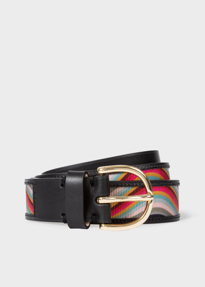 Front view - Women's Black Leather Belt With 'Swirl' Grosgrain Centre Paul Smith 