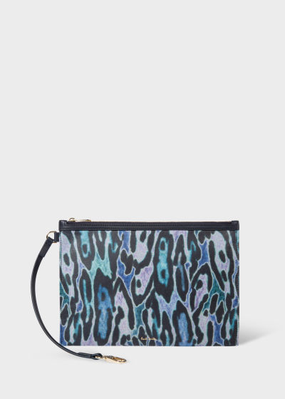 Front View - Women's Blue Leopard Print Leather Zip Pouch Paul Smith