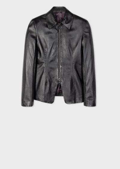 Front View - Black Leather Slim-Fit Zip Up Jacket Paul Smith