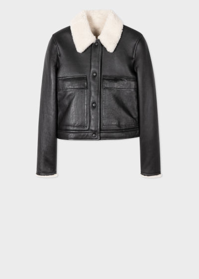 Front View - Black Leather Shearling Lined Cropped Jacket Paul Smith