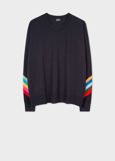 Front view - Women's Navy Relaxed Sweater With 'Swirl' Stripe Intarsia Paul Smith