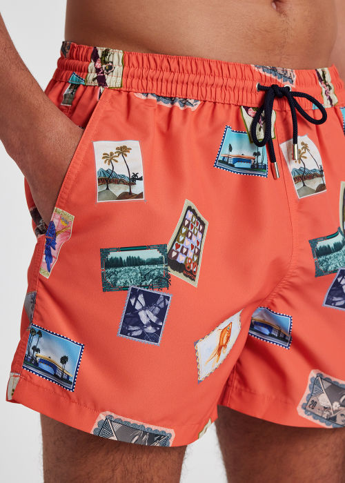 Model View - Men's Orange 'Postcards' Swim Shorts Paul Smith