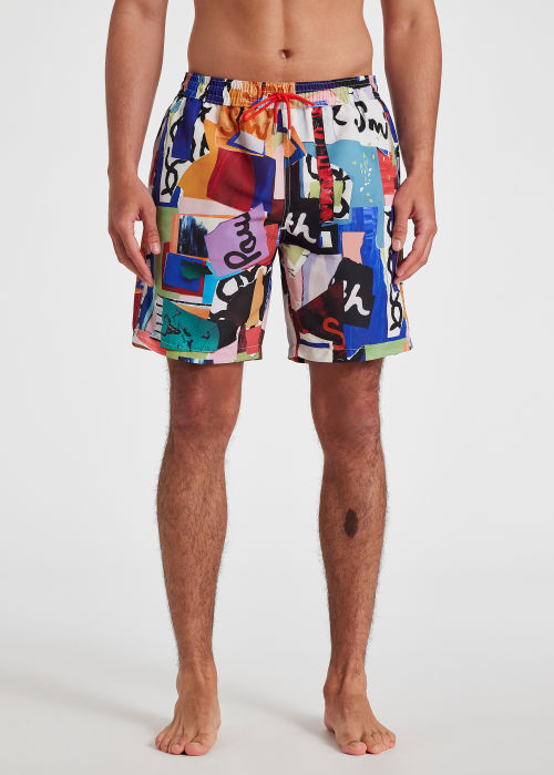 Model View - Men's 'Collage' Print Long Swim Shorts