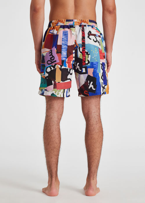 Model View - Men's 'Collage' Print Long Swim Shorts