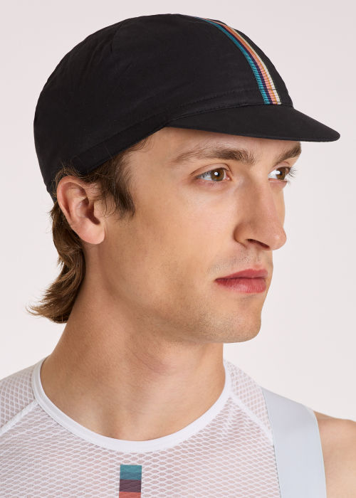 Model view - Men's Black Cycling Cap With 'Artist Stripe' Webbing  Paul Smith