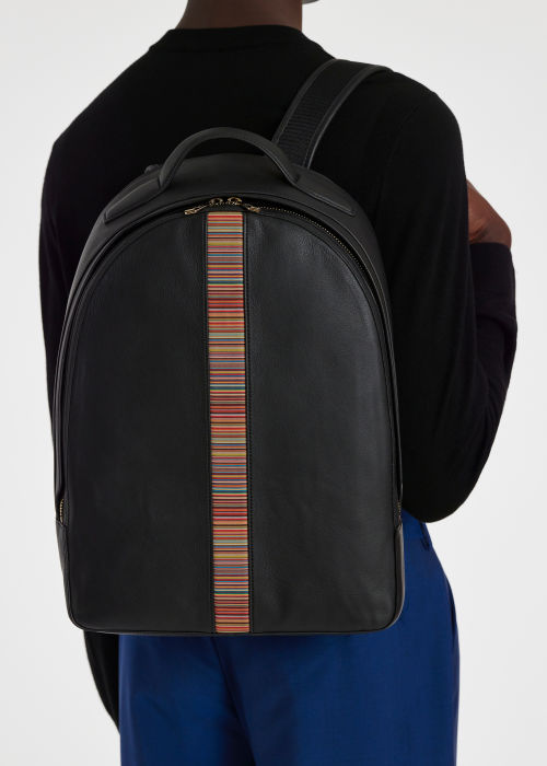 Model View - Men's Black Leather 'Signature Stripe' Backpack Paul Smith