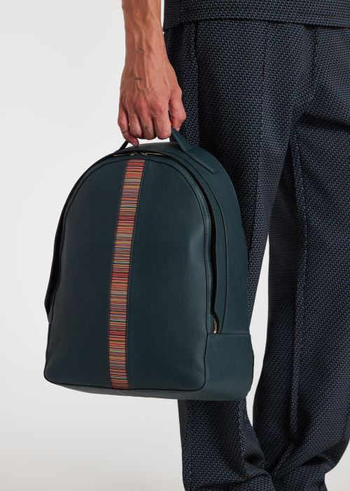 Model view - Men's Petrol Blue Leather 'Signature Stripe' Backpack Paul Smith