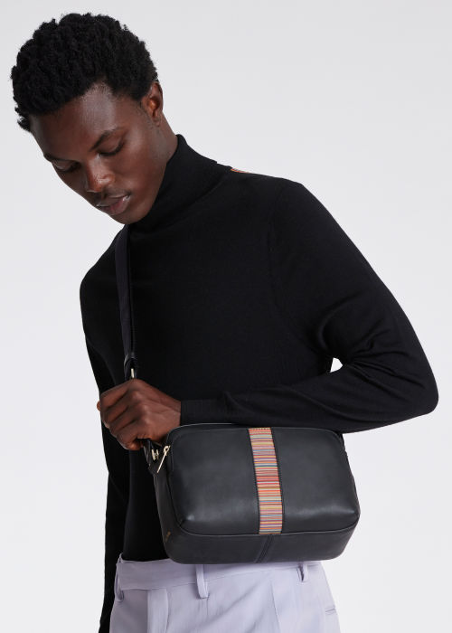 Model View - Black Cross-Body Bag With 'Signature Stripe' Panel Paul Smith