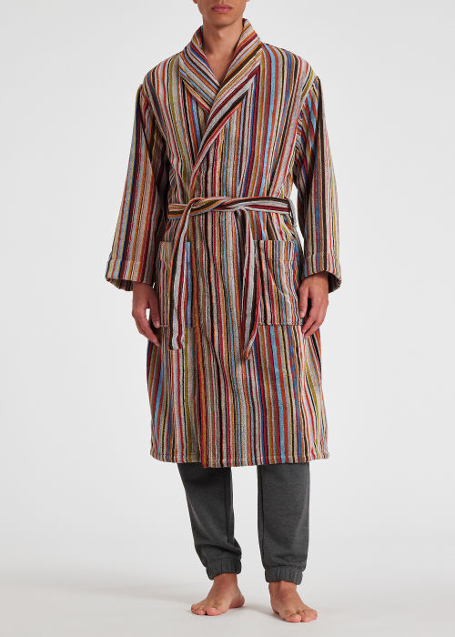 Model View - Men's Signature Striped Towelling Dressing Gown by Paul Smith