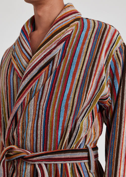 Model View - Men's Signature Striped Towelling Dressing Gown by Paul Smith