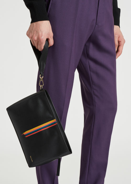 Model View - Men's Black Leather 'Painted Stripe' Wash Bag