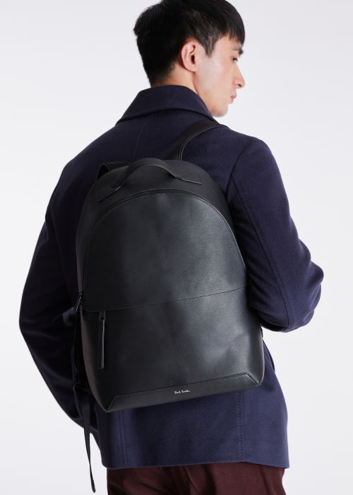 Model View - Men's Black Embossed Leather Backpack Paul Smith