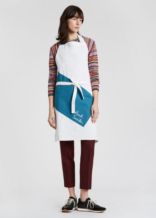 Model View Front - White and Teal Color Block Cotton Apron