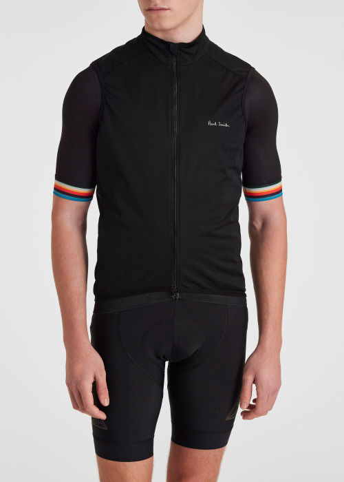 Model View - Men's Black Cycling Gilet With Polka Dot Back Panel Paul Smith