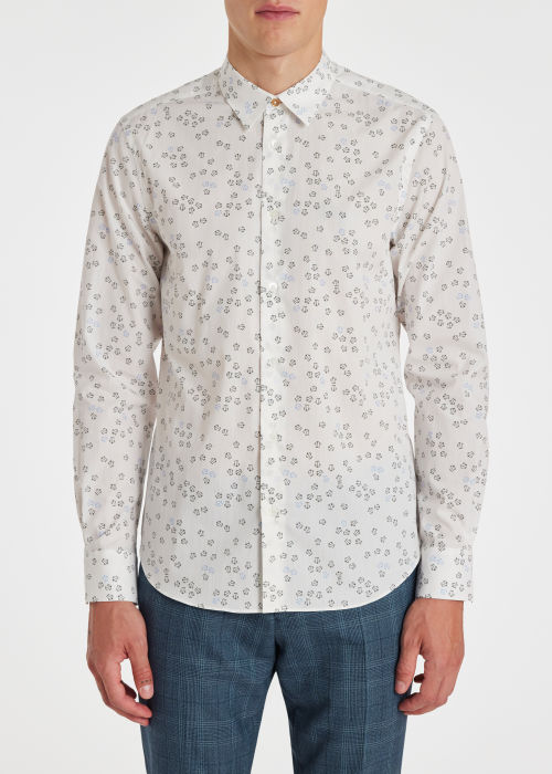 Model View - Men's Slim-Fit White Cotton 'Mini Shirt' Long-Sleeve Shirt Paul Smith