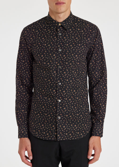 Model View - Men's Slim-Fit Cotton Black Floral Shirt Paul Smith
