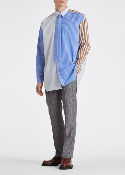 Model View - Men's Oversized Mix-Up Stripe Cotton Shirt