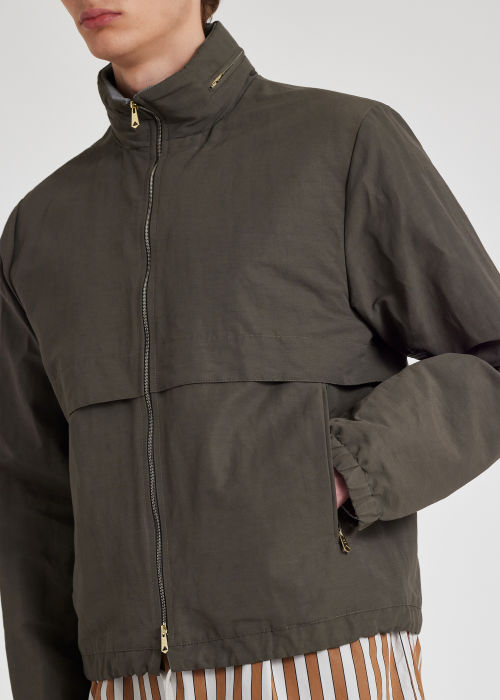 Model View - Men's Olive Green Cotton-Linen Blend Field Jacket Paul Smith
