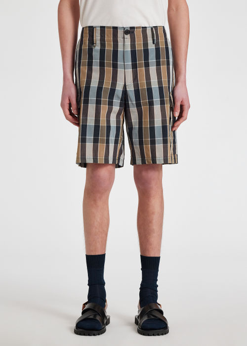 Model View - Men's Wool-Blend Check Cargo Shorts