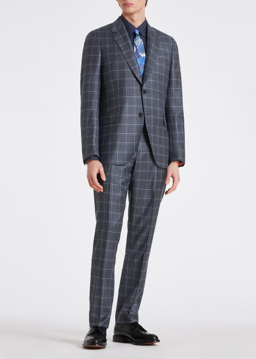 Model View - Men's Tailored-Fit Grey And Blue Check Wool-Cashmere Suit Paul Smith