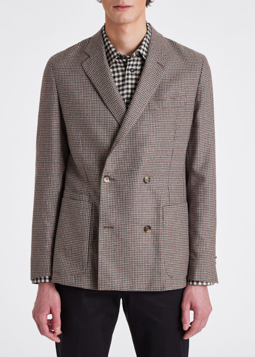 Model View - Men's Brown Wool-Silk Check Double-Breasted Blazer Paul Smith