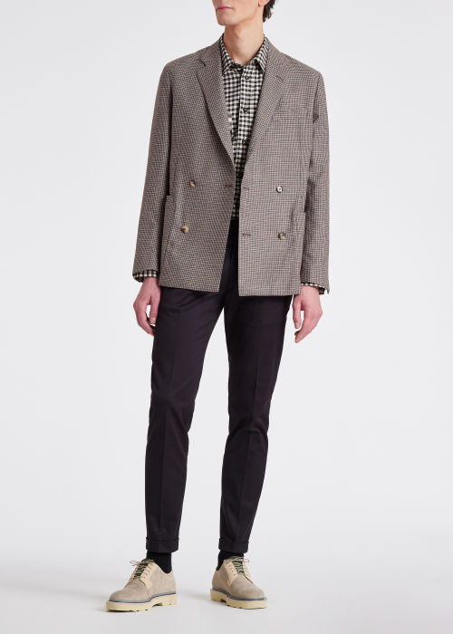 Model View - Men's Brown Wool-Silk Check Double-Breasted Blazer Paul Smith