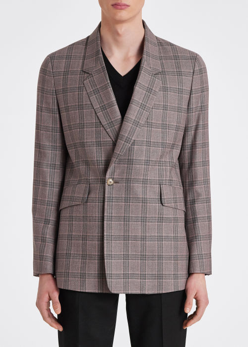 Model View - Men's Mauve and Grey Check Wool Double-Breasted Blazer