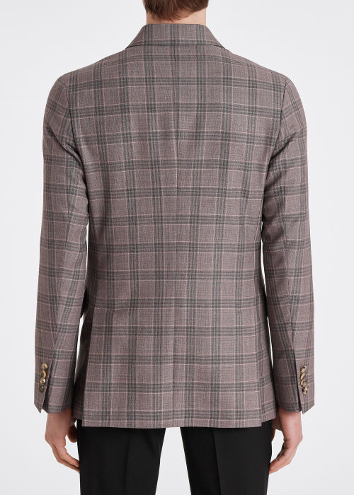 Model View - Men's Mauve and Grey Check Wool Double-Breasted Blazer