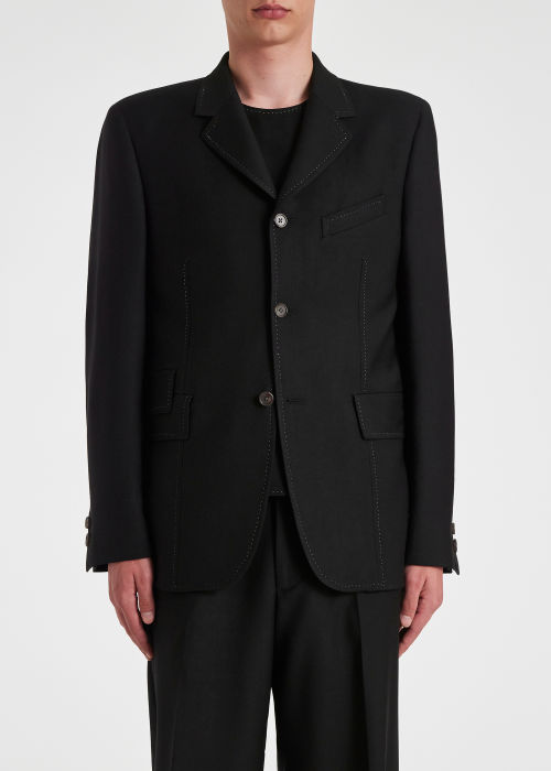 Model view - Men's Black Wool-Twill Three Button Contrast-Stitch Blazer Paul Smith