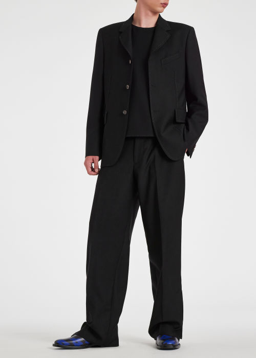 Model view - Men's Black Wool-Twill Three Button Contrast-Stitch Blazer Paul Smith