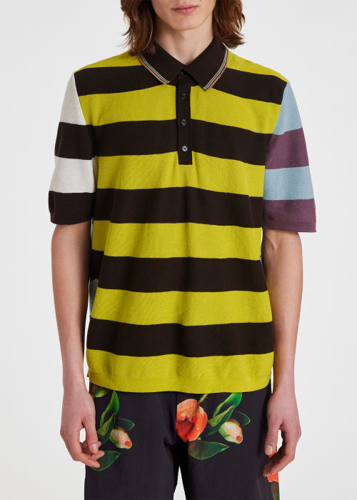 Model View - Men's Colour-Block Stripe Cotton Polo Shirt