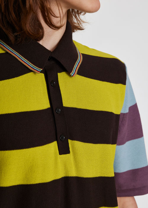 Model View - Men's Colour-Block Stripe Cotton Polo Shirt
