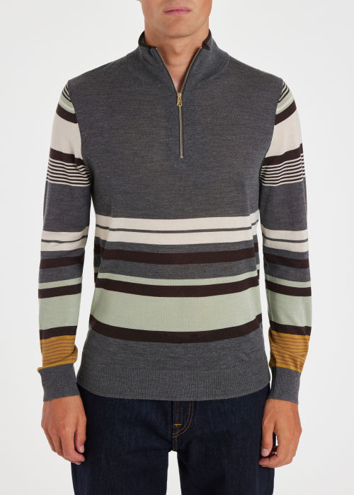Model View - Grey Multi Stripe Wool-Silk Blend Half Zip Sweater Paul Smith