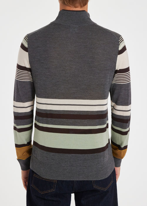 Model View - Grey Multi Stripe Wool-Silk Blend Half Zip Sweater Paul Smith
