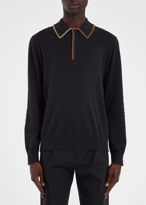 Model View - Men's Charcoal 'Signature Stripe' Long-Sleeve Polo Shirt Paul Smith