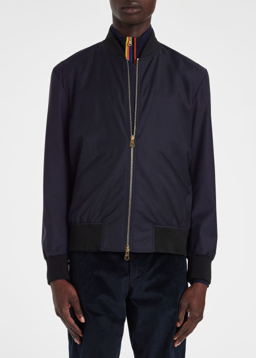 Model View - Dark Navy 'Storm System' Wool Bomber Jacket by Paul Smith