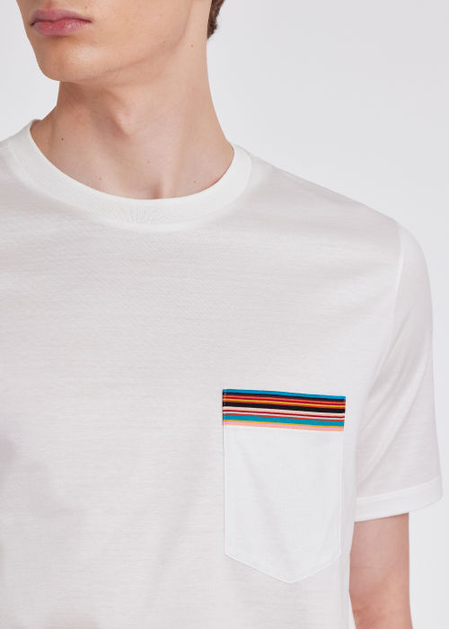 Model View - Men's White 'Signature Stripe' Pocket T-Shirt Paul Smith