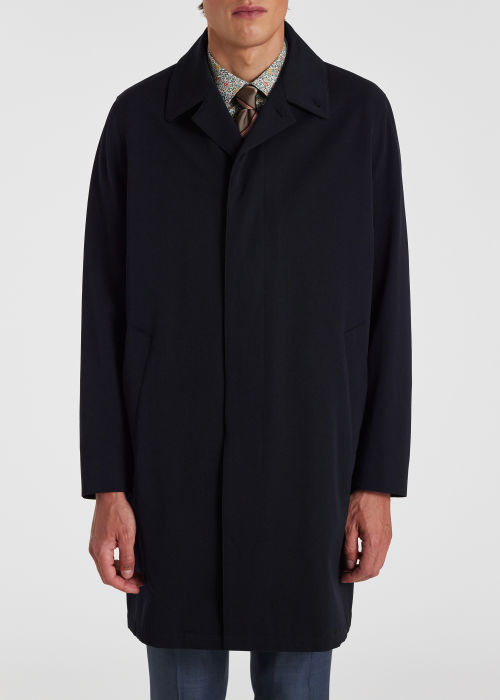 Model View - Men's Navy Wool And Cotton-Blend Mac