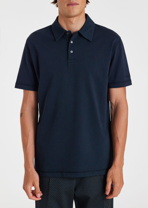 Model View - Men's Navy Organic Cotton Jersey Polo Shirt Paul Smith