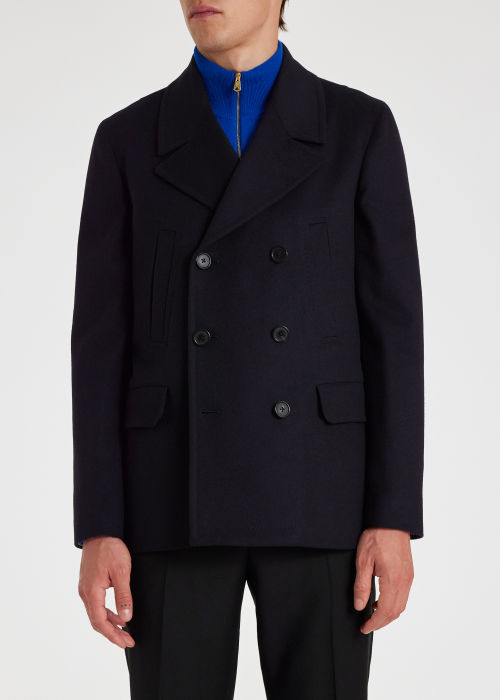 Men's Navy Wool and Cashmere-Blend Pea Coat