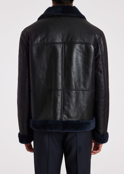 Model View - Navy Shearling Leather Jacket Paul Smith