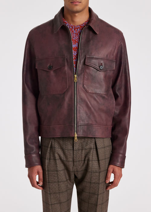 Model view - Men's Burgundy Hand-Painted Leather Jacket Paul Smith