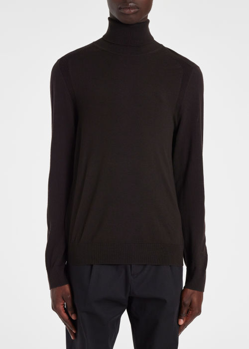 Model View - Men's Dark Brown Merino Wool Roll Neck Sweater Paul Smith