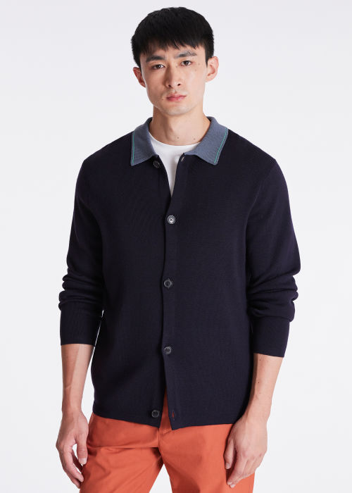Model View - Men's Dark Navy Merino Wool Contrast Collar Cardigan Paul Smith
